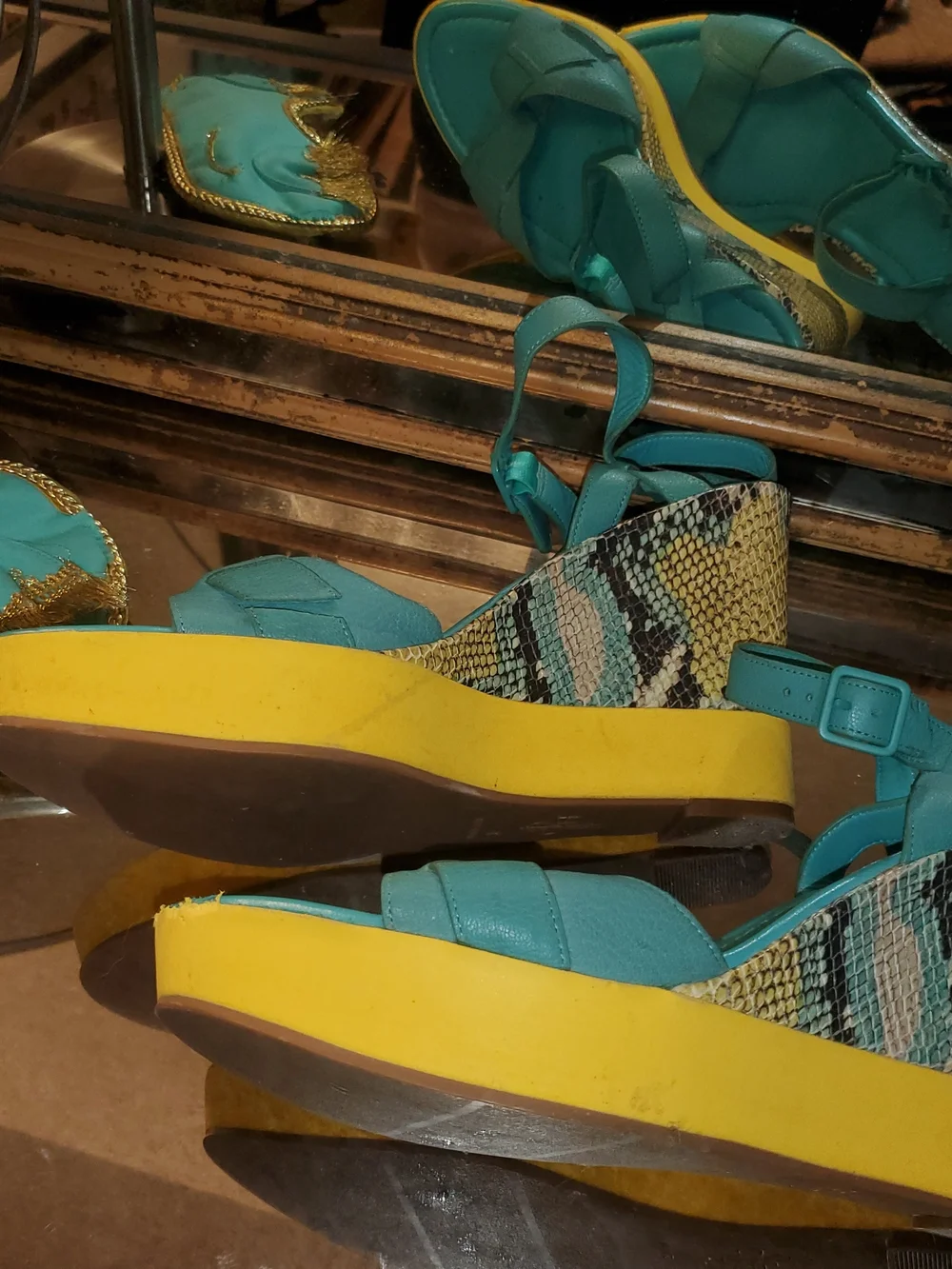 Be The Fun One -Cole Haan Teal and Yellow Wedge Sandals - Women's Fashion Wedges